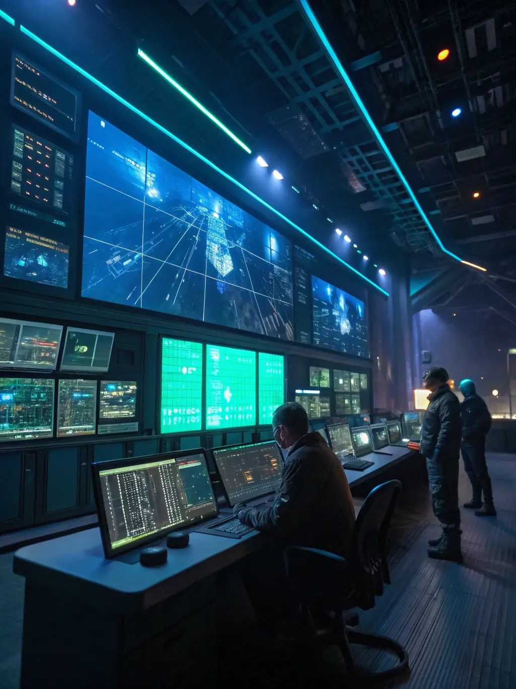 A control room with multiple screens displaying real-time tracking data and personnel monitoring operations around the clock.