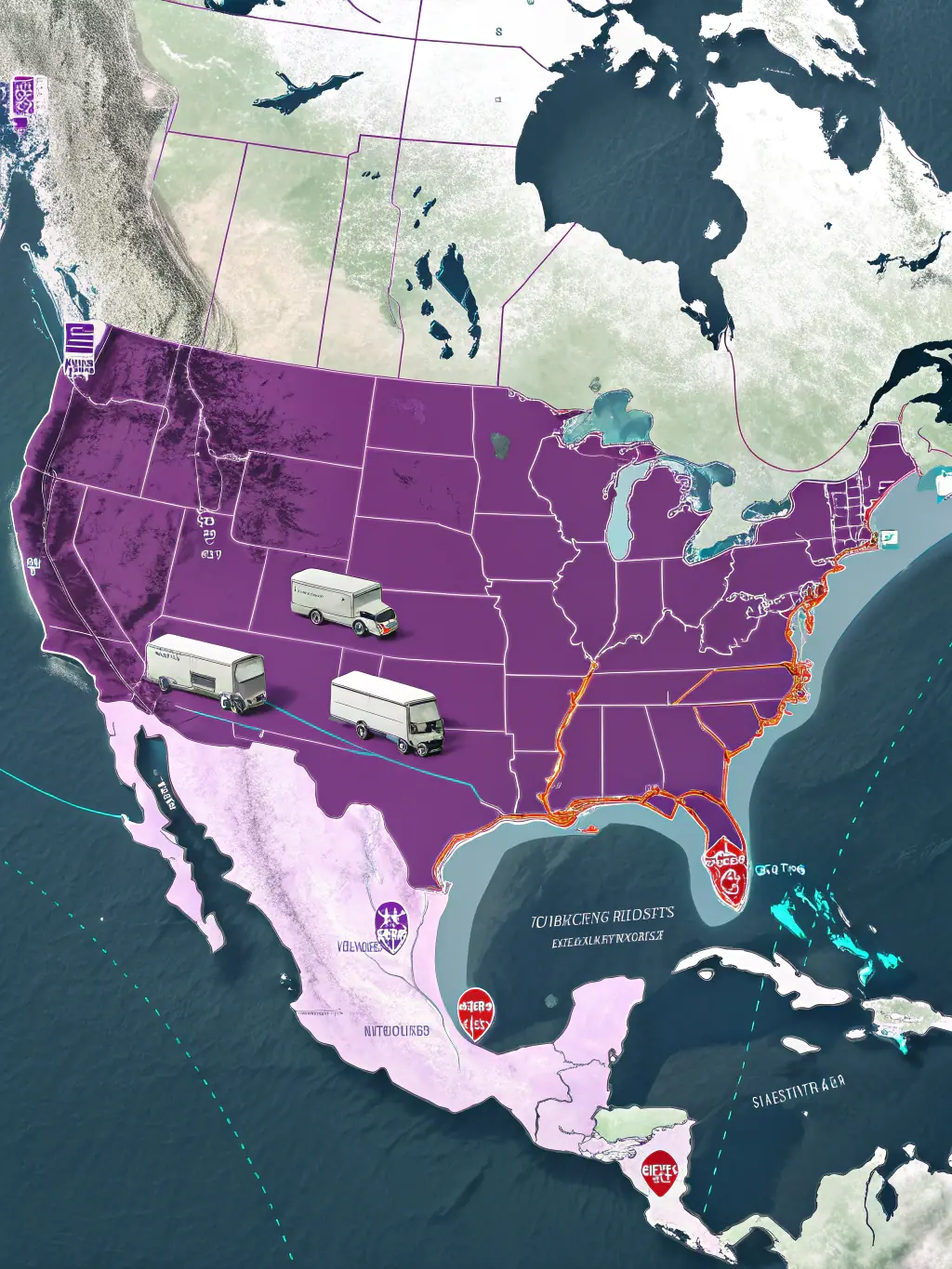 A close-up shot of a map highlighting four active freight corridors between Mexico and the United States, with orange lines indicating the routes.